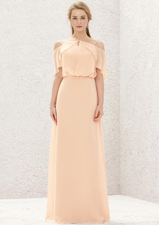 Long/Floor-Length Chiffon Bridesmaid Dress, A-Line Cut, Halter Neckline, Sleeveless, With Pleating BM bride