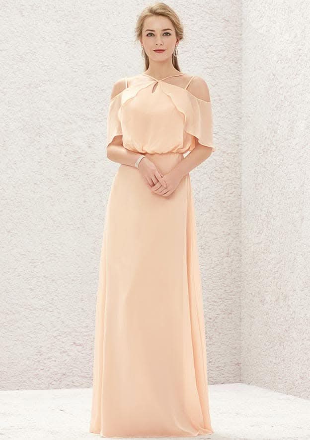 Long/Floor-Length Chiffon Bridesmaid Dress, A-Line Cut, Halter Neckline, Sleeveless, With Pleating BM bride