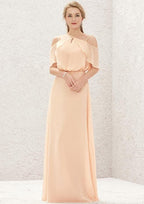 Long/Floor-Length Chiffon Bridesmaid Dress, A-Line Cut, Halter Neckline, Sleeveless, With Pleating BM bride
