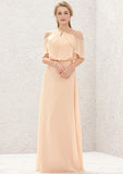 Long/Floor-Length Chiffon Bridesmaid Dress, A-Line Cut, Halter Neckline, Sleeveless, With Pleating BM bride