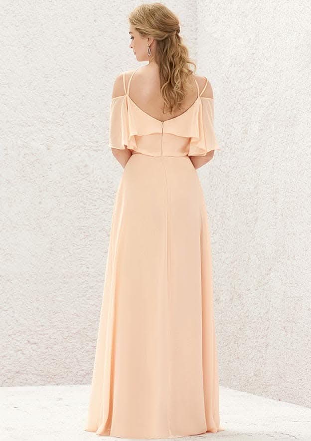 Long/Floor-Length Chiffon Bridesmaid Dress, A-Line Cut, Halter Neckline, Sleeveless, With Pleating BM bride