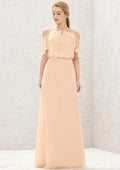 Long/Floor-Length Chiffon Bridesmaid Dress, A-Line Cut, Halter Neckline, Sleeveless, With Pleating BM bride