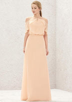 Long/Floor-Length Chiffon Bridesmaid Dress, A-Line Cut, Halter Neckline, Sleeveless, With Pleating BM bride