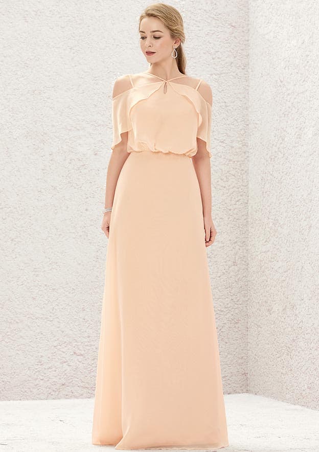 Long/Floor-Length Chiffon Bridesmaid Dress, A-Line Cut, Halter Neckline, Sleeveless, With Pleating BM bride