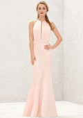 Long/Floor-Length Satin Bridesmaid Dress, Trumpet/Mermaid Cut, Halter Neckline, Sleeveless BM bride