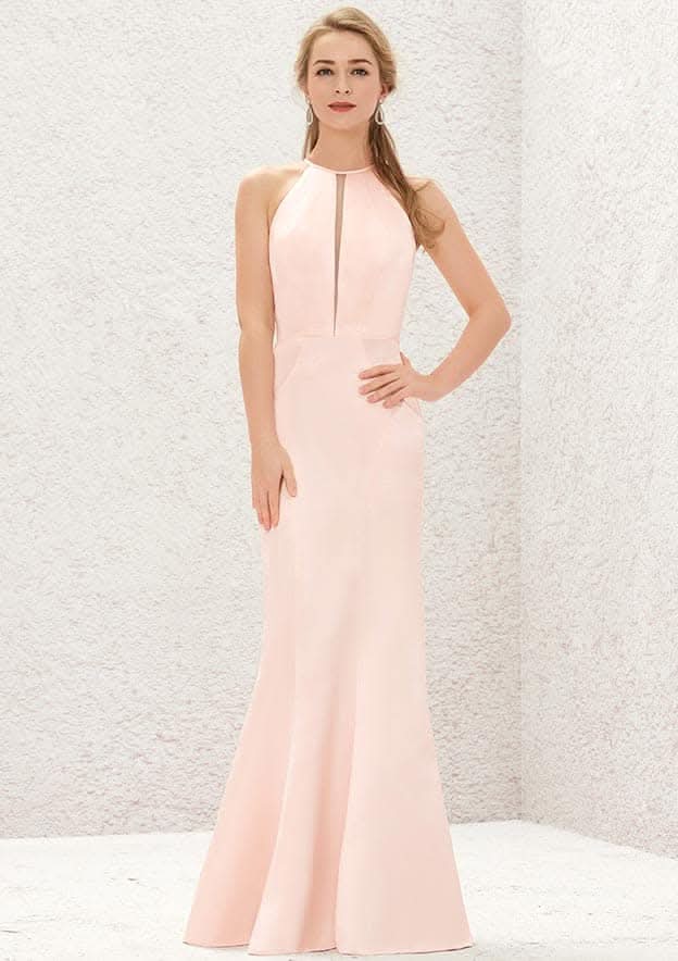 Long/Floor-Length Satin Bridesmaid Dress, Trumpet/Mermaid Cut, Halter Neckline, Sleeveless BM bride