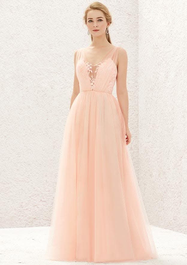 Long/Floor-Length Tulle Bridesmaid Dress, A-Line Princess Cut, V-Neck, Sleeveless, With Lace Pleating BM bride