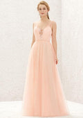 Long/Floor-Length Tulle Bridesmaid Dress, A-Line Princess Cut, V-Neck, Sleeveless, With Lace Pleating BM bride