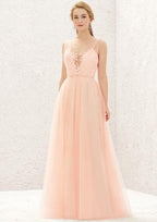 Long/Floor-Length Tulle Bridesmaid Dress, A-Line Princess Cut, V-Neck, Sleeveless, With Lace Pleating BM bride