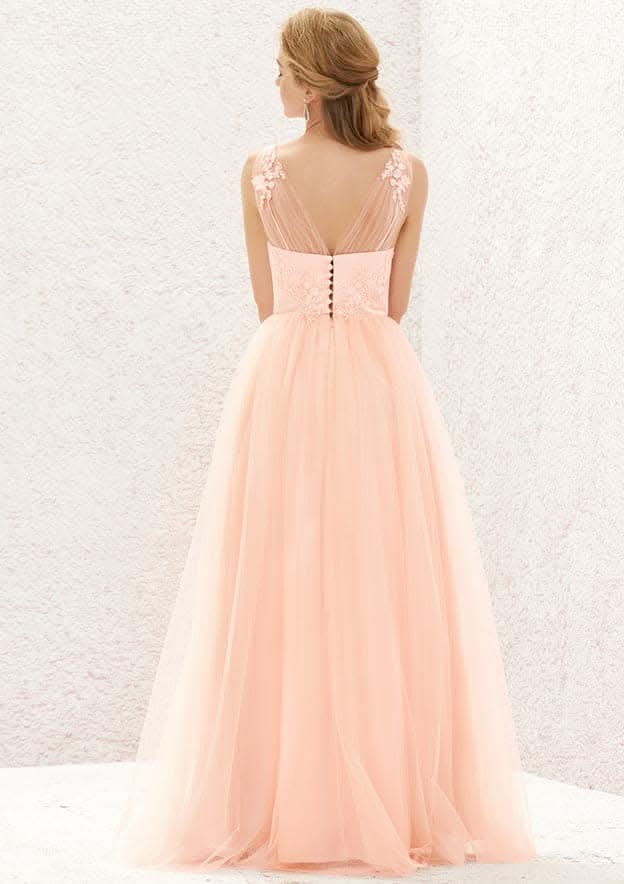 Long/Floor-Length Tulle Bridesmaid Dress, A-Line Princess Cut, V-Neck, Sleeveless, With Lace Pleating BM bride