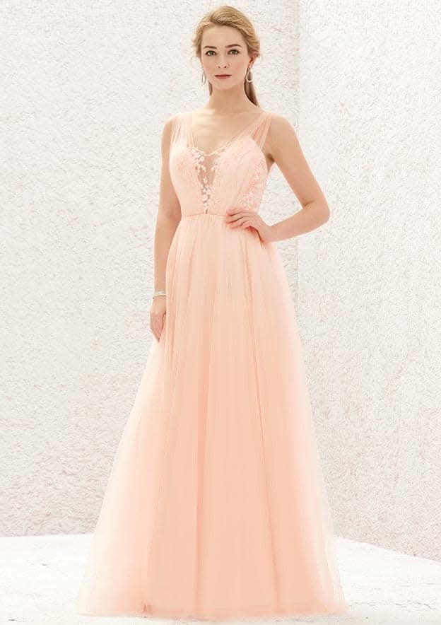 Long/Floor-Length Tulle Bridesmaid Dress, A-Line Princess Cut, V-Neck, Sleeveless, With Lace Pleating BM bride