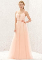 Long/Floor-Length Tulle Bridesmaid Dress, A-Line Princess Cut, V-Neck, Sleeveless, With Lace Pleating BM bride