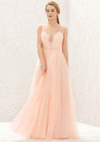 Long/Floor-Length Tulle Bridesmaid Dress, A-Line Princess Cut, V-Neck, Sleeveless, With Lace Pleating BM bride