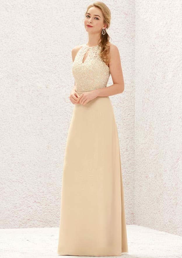 Long/Floor-Length Chiffon Bridesmaid Dress, A-Line Cut, Halter Neck, Sleeveless, With Appliqued Detail BM bride