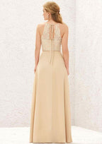 Long/Floor-Length Chiffon Bridesmaid Dress, A-Line Cut, Halter Neck, Sleeveless, With Appliqued Detail BM bride