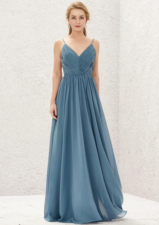 Floor-Length Chiffon Bridesmaid Dress With Pleats, A-Line Style, V-Neck, And Sleeveless BM bride