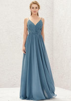Floor-Length Chiffon Bridesmaid Dress With Pleats, A-Line Style, V-Neck, And Sleeveless BM bride