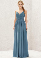 Floor-Length Chiffon Bridesmaid Dress With Pleats, A-Line Style, V-Neck, And Sleeveless BM bride