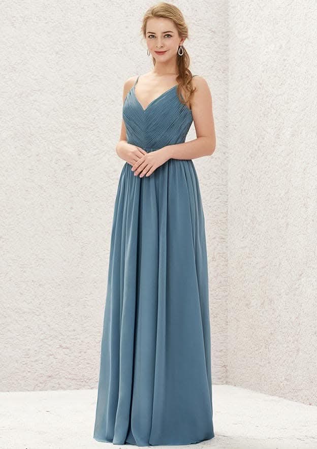 Floor-Length Chiffon Bridesmaid Dress With Pleats, A-Line Style, V-Neck, And Sleeveless BM bride