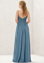 Floor-Length Chiffon Bridesmaid Dress With Pleats, A-Line Style, V-Neck, And Sleeveless BM bride