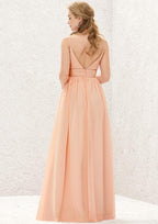 Long/Floor-Length Chiffon Bridesmaid Dress, A-Line Cut, V-Neck, Sleeveless, With Lace BM bride