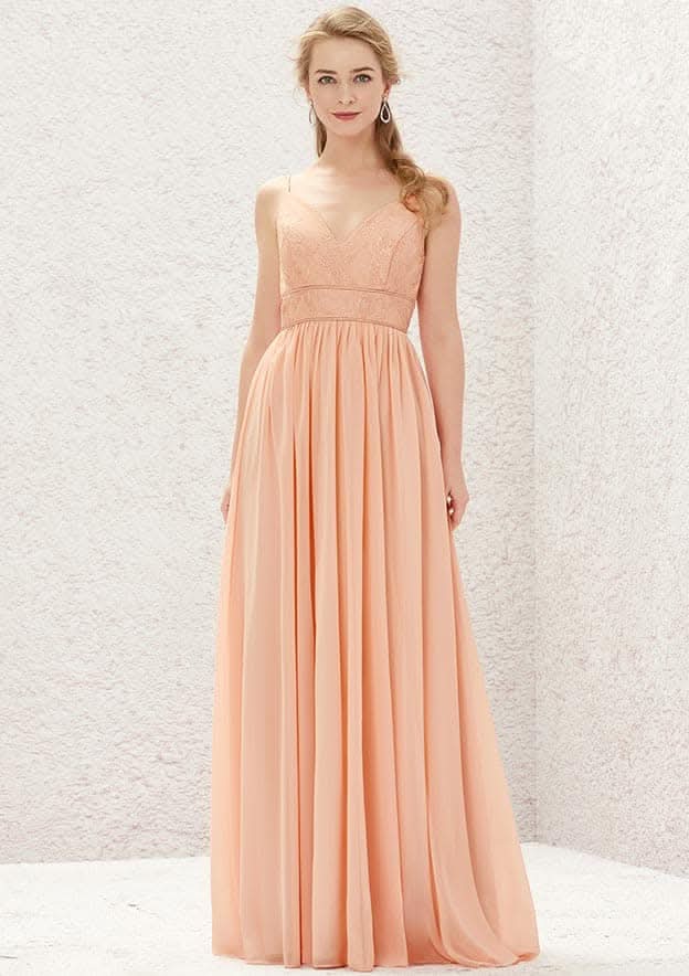 Long/Floor-Length Chiffon Bridesmaid Dress, A-Line Cut, V-Neck, Sleeveless, With Lace BM bride