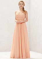 Long/Floor-Length Chiffon Bridesmaid Dress, A-Line Cut, V-Neck, Sleeveless, With Lace BM bride