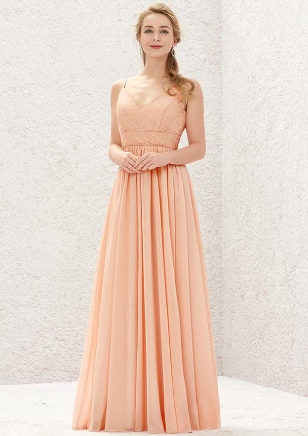 Long/Floor-Length Chiffon Bridesmaid Dress, A-Line Cut, V-Neck, Sleeveless, With Lace BM bride