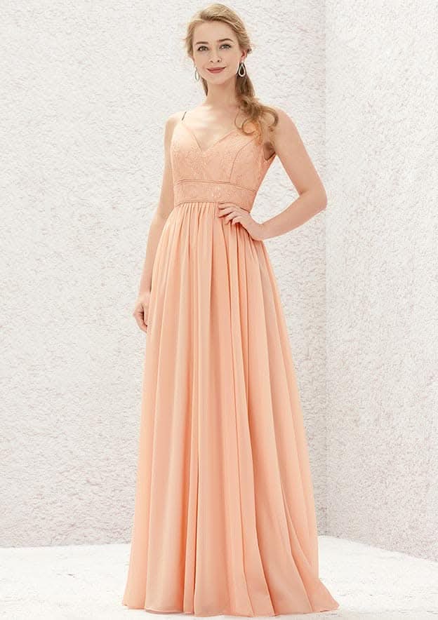 Long/Floor-Length Chiffon Bridesmaid Dress, A-Line Cut, V-Neck, Sleeveless, With Lace BM bride