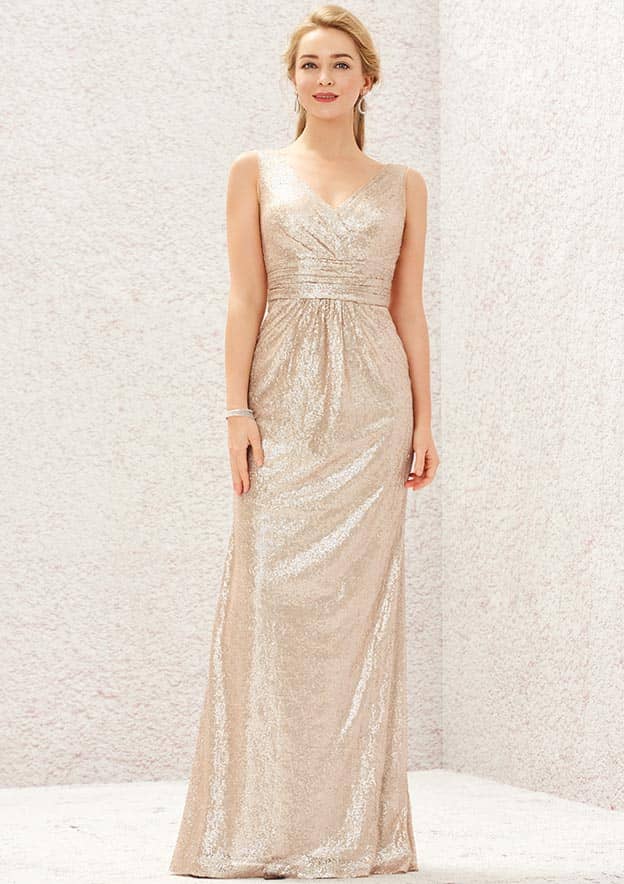 Long/Floor-Length Sequined Bridesmaid Dress, Sheath/Column Cut, V-Neck, Sleeveless, With Pleating BM bride