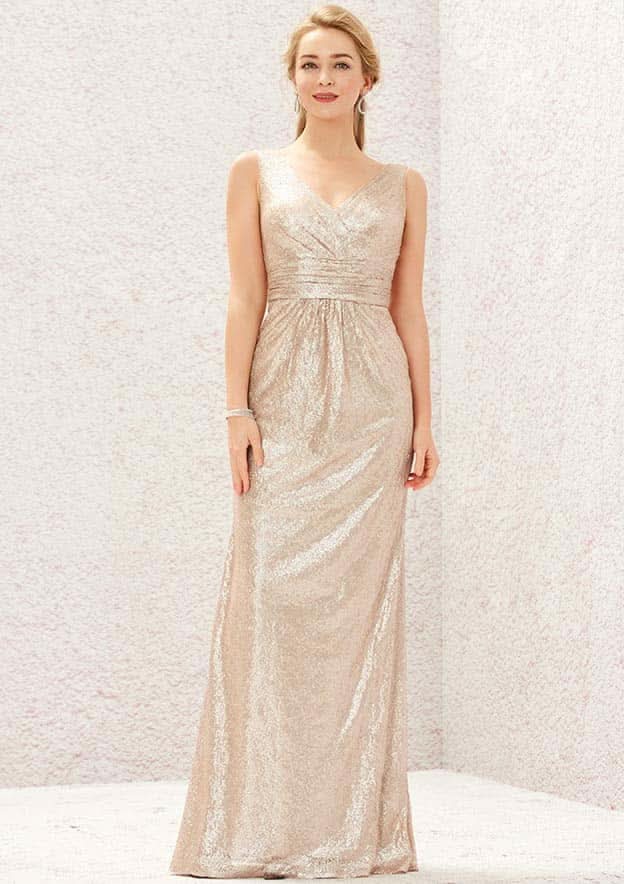 Long/Floor-Length Sequined Bridesmaid Dress, Sheath/Column Cut, V-Neck, Sleeveless, With Pleating BM bride