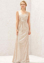 Long/Floor-Length Sequined Bridesmaid Dress, Sheath/Column Cut, V-Neck, Sleeveless, With Pleating BM bride