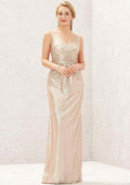 Long/Floor-Length Sequined Bridesmaid Dress, Sheath/Column Cut, V-Neck, Sleeveless, With Pleating BM bride