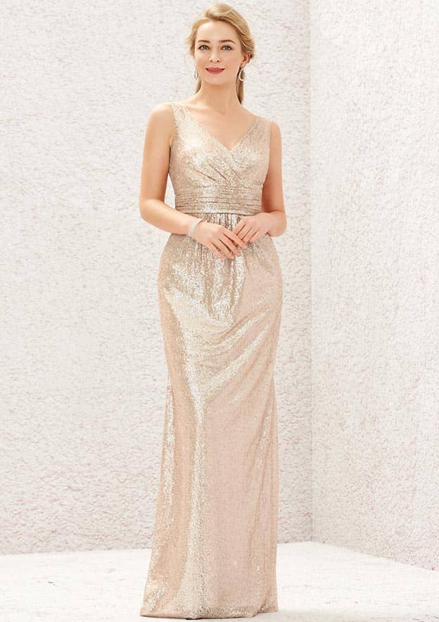 Long/Floor-Length Sequined Bridesmaid Dress, Sheath/Column Cut, V-Neck, Sleeveless, With Pleating BM bride