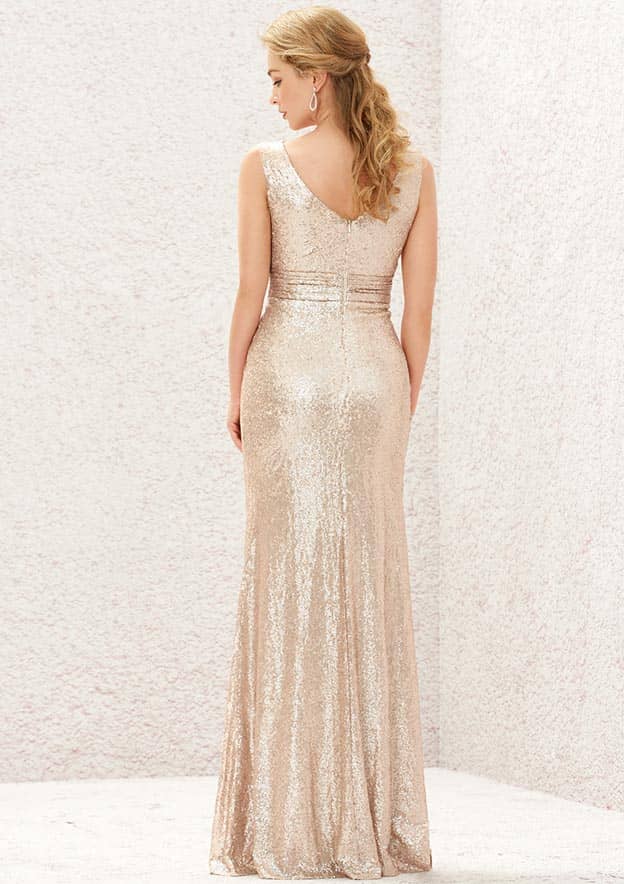 Long/Floor-Length Sequined Bridesmaid Dress, Sheath/Column Cut, V-Neck, Sleeveless, With Pleating BM bride