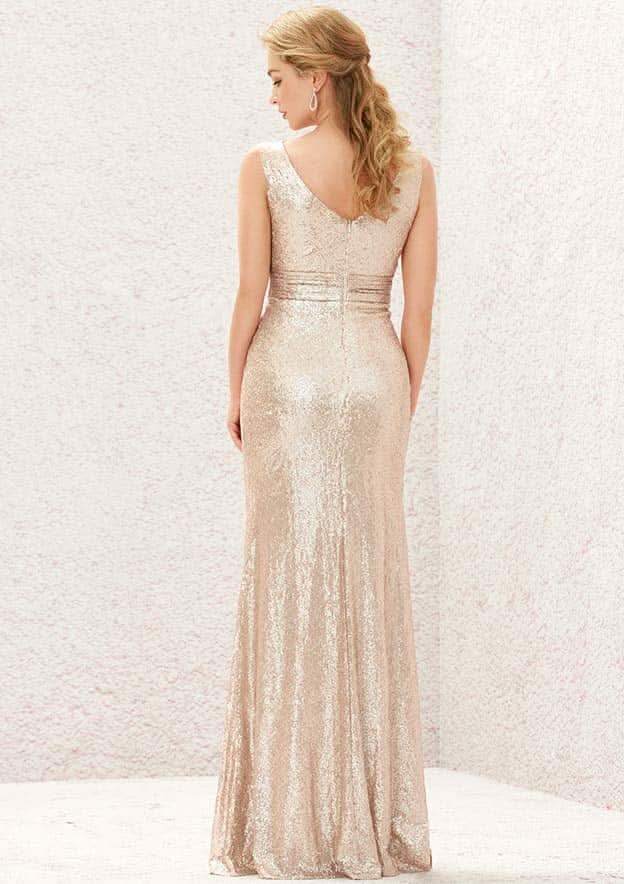 Long/Floor-Length Sequined Bridesmaid Dress, Sheath/Column Cut, V-Neck, Sleeveless, With Pleating BM bride