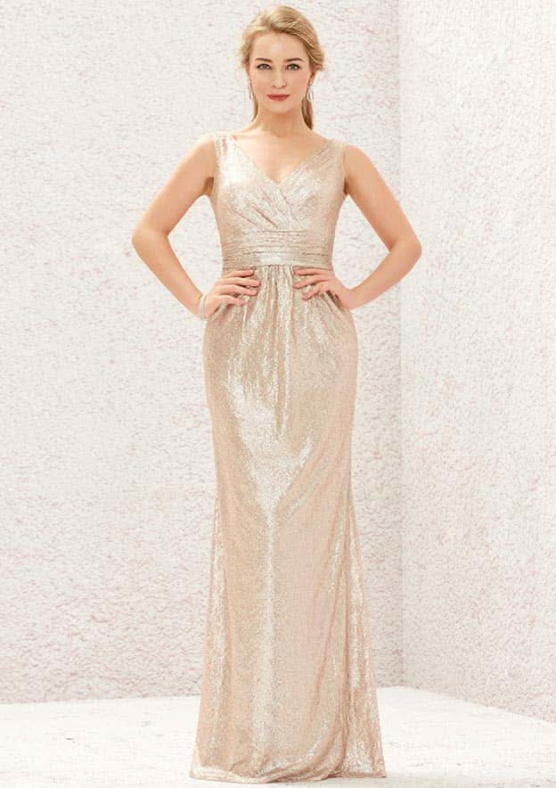Long/Floor-Length Sequined Bridesmaid Dress, Sheath/Column Cut, V-Neck, Sleeveless, With Pleating BM bride