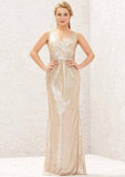 Long/Floor-Length Sequined Bridesmaid Dress, Sheath/Column Cut, V-Neck, Sleeveless, With Pleating BM bride