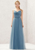 Long/Floor-Length Tulle Bridesmaid Dress, A-Line Cut, V-Neck, Sleeveless, With Pleating BM bride