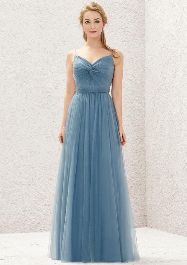 Long/Floor-Length Tulle Bridesmaid Dress, A-Line Cut, V-Neck, Sleeveless, With Pleating BM bride