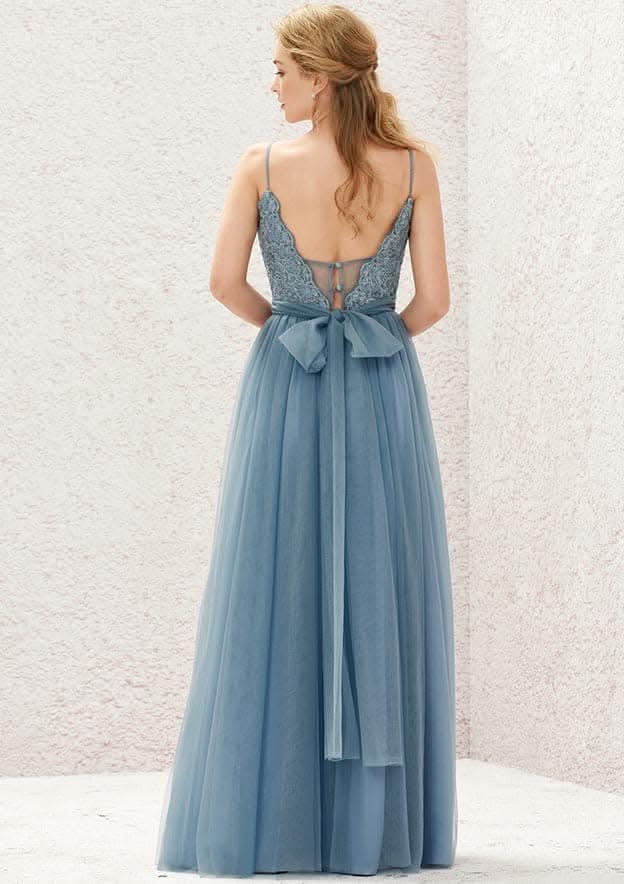 Long/Floor-Length Tulle Bridesmaid Dress, A-Line Cut, V-Neck, Sleeveless, With Pleating BM bride
