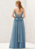 Long/Floor-Length Tulle Bridesmaid Dress, A-Line Cut, V-Neck, Sleeveless, With Pleating BM bride