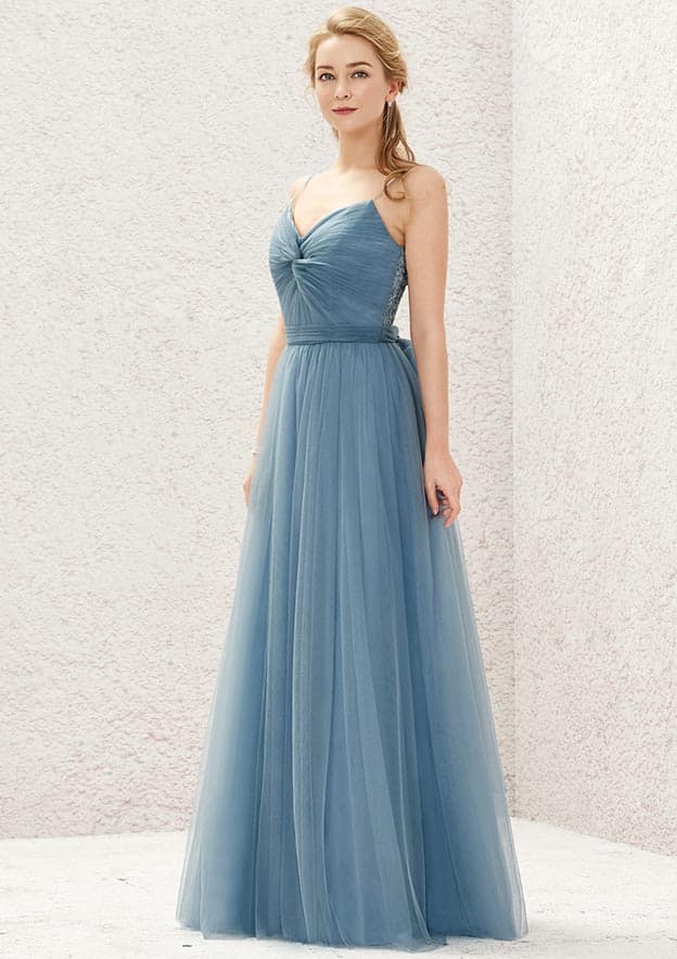 Long/Floor-Length Tulle Bridesmaid Dress, A-Line Cut, V-Neck, Sleeveless, With Pleating BM bride