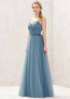 Long/Floor-Length Tulle Bridesmaid Dress, A-Line Cut, V-Neck, Sleeveless, With Pleating BM bride