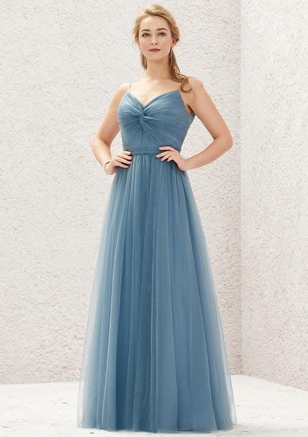 Long/Floor-Length Tulle Bridesmaid Dress, A-Line Cut, V-Neck, Sleeveless, With Pleating BM bride