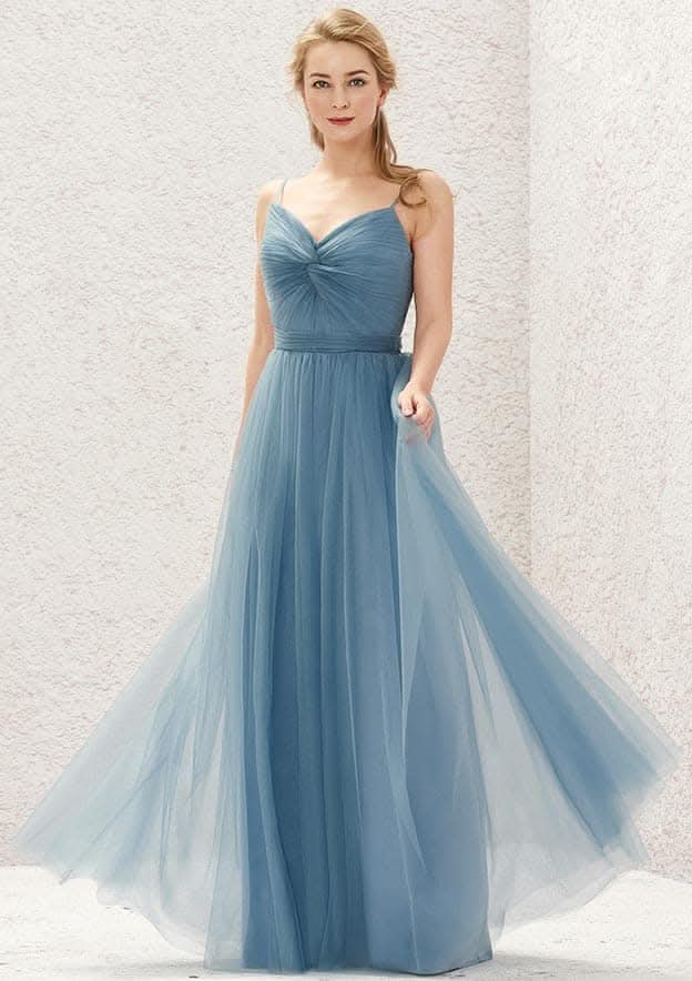 Long/Floor-Length Tulle Bridesmaid Dress, A-Line Cut, V-Neck, Sleeveless, With Pleating BM bride