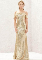 Sweep Train Sequined Bridesmaid Dress, Sheath/Column Cut, Off-The-Shoulder, Sleeveless, With Pleating BM bride