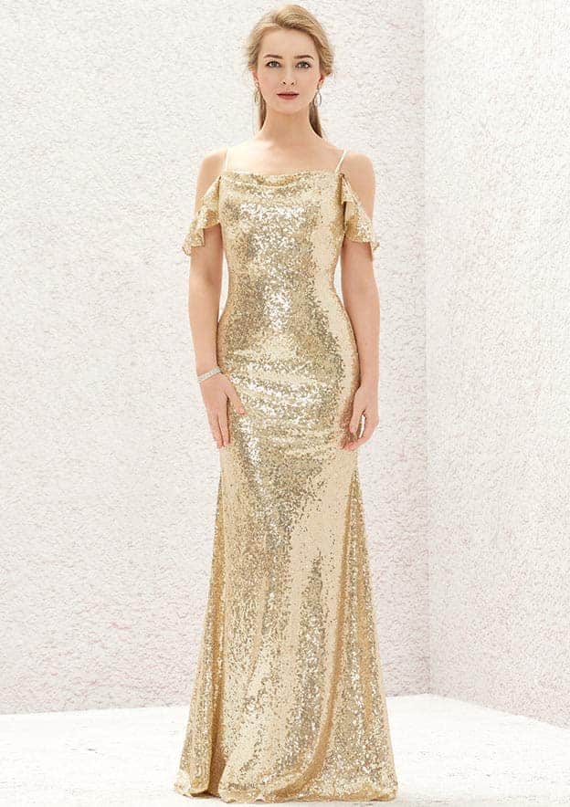Sweep Train Sequined Bridesmaid Dress, Sheath/Column Cut, Off-The-Shoulder, Sleeveless, With Pleating BM bride