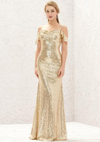 Sweep Train Sequined Bridesmaid Dress, Sheath/Column Cut, Off-The-Shoulder, Sleeveless, With Pleating BM bride