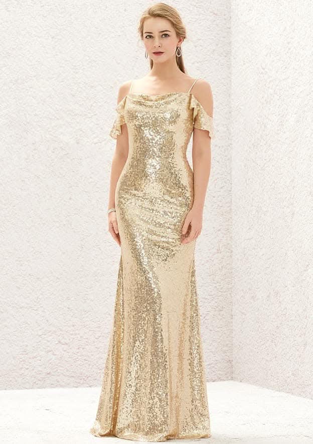 Sweep Train Sequined Bridesmaid Dress, Sheath/Column Cut, Off-The-Shoulder, Sleeveless, With Pleating BM bride